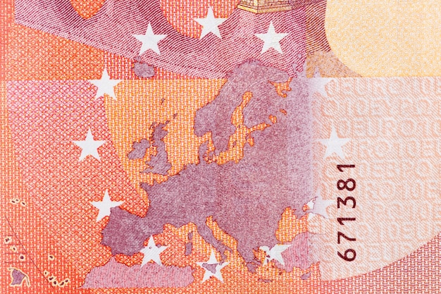 Sfotografowany z bliska pieniądze Unii Europejskiej. Wartość nominalna dwudziestu euro. Zdjęcie w wysokiej rozdzielczości.