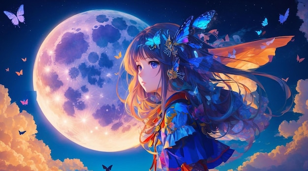 Sfotografuj dziewczynę z księżycem w tle i latającym wokół niej motylem autorstwa Generative AI