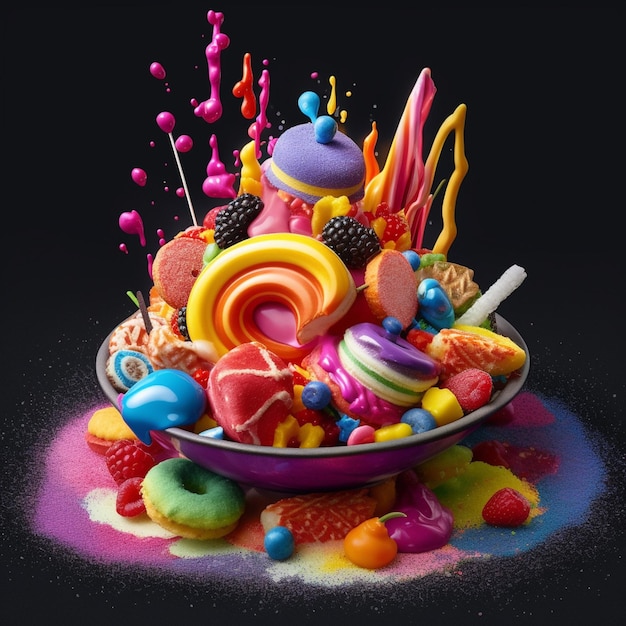 Sfotografuj kolorowy deser z dużą ilością cukierków na ai design art