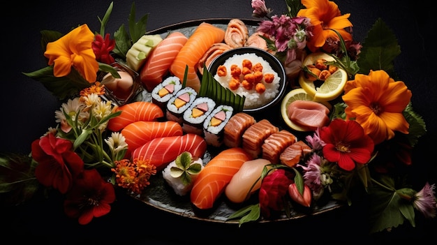 Sfotografuj talerz sushi i sushi z kwiatami i liśćmi
