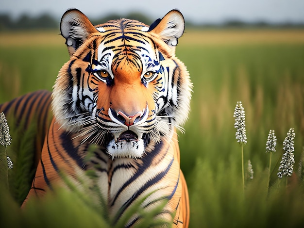Sfotografuj tygrysa na polu z dżunglą i górami za pomocą lustrzanki cyfrowej