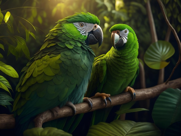 Sfotografuj zieloną papugę arę aparatem DSLR w zielonej dżungli z zielonymi piórami