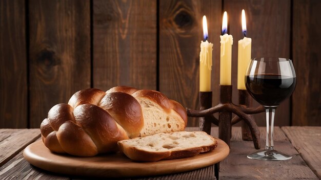 Shabbat shalom challah chleb shabbat wino i świece na drewnianym stole