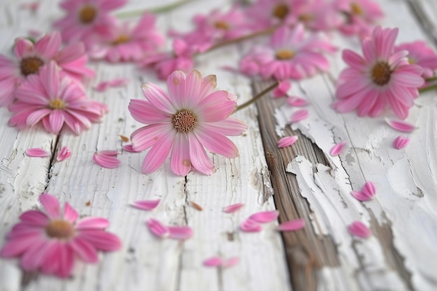 Shabby Chic Spring Pink Daisies na białym drewnie