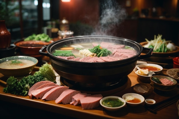 Shabu shabu i sukiyaki w gorącym garnku w restauracji ok