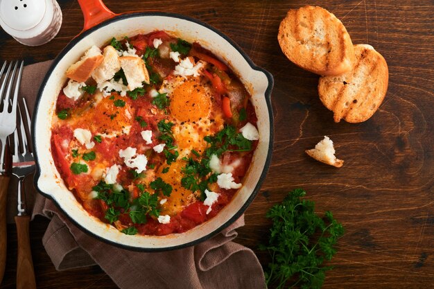 Zdjęcie shakshuka domowe jajka sadzone w sosie pomidorowym oliwa z oliwek papryka cebula i czosnek na żelaznej patelni na starym drewnianym tle tradycyjna kuchnia izraela koncepcja późnego śniadania