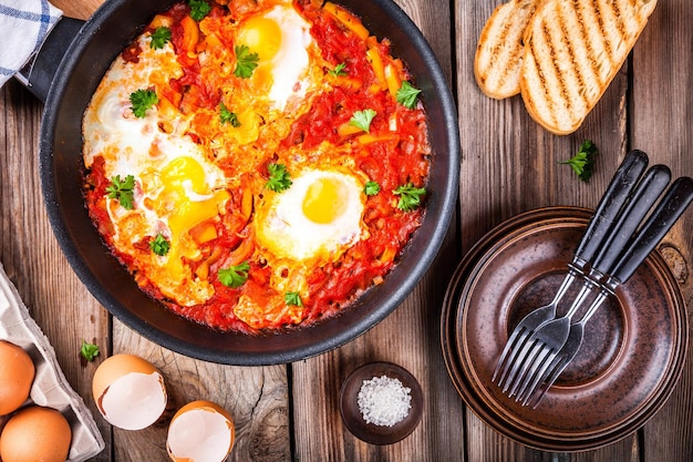 Shakshuka Jajka sadzone z papryką pomidorową i natką pietruszki na drewnianym stole