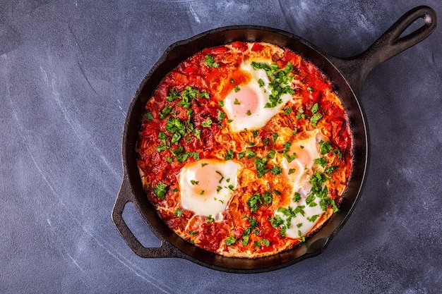 Shakshuka na patelni Jajka gotowane w ostrym sosie pomidorowo-paprykowym