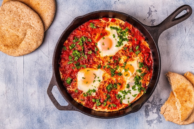 Shakshuka na patelni. Jajka gotowane w ostrym sosie pomidorowo-paprykowym.