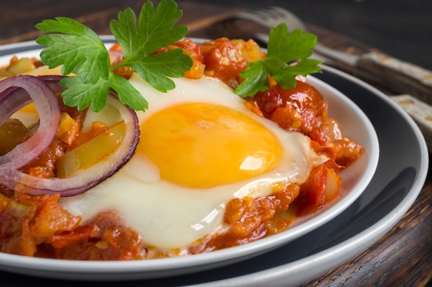 Shakshuka, tradycyjne danie izraelskie. Słoneczne jajko z duszonymi pomidorami.