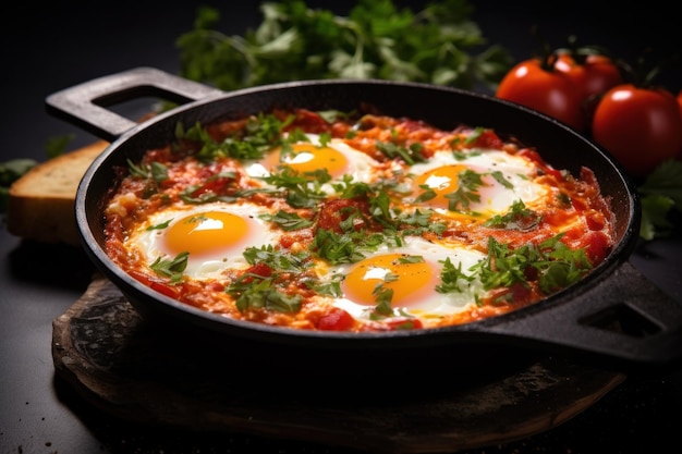 Zdjęcie shakshuka w patelni pomidor i zieloność śniadanie kuchnia izraelska