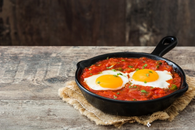 Shakshuka w żelaznej patelni na drewnianym stole Typowe jedzenie w przestrzeni kopii Izraela