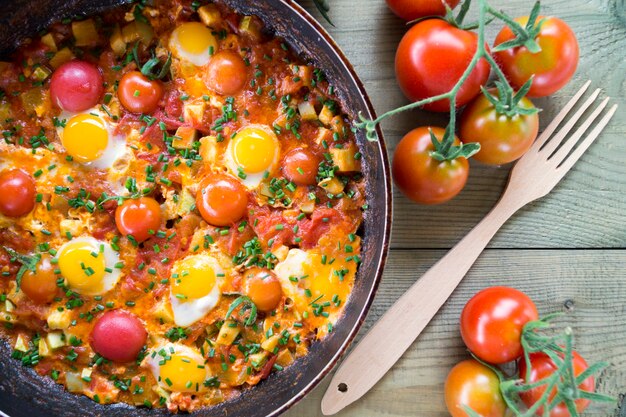 Shakshuka Z Chlebem Pita Na Patelni.