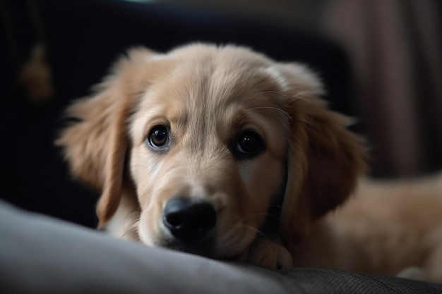 Shallow focus shot of cute puppy Golden Retriever spoczywającej na podłodze