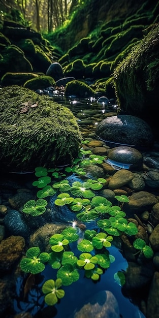Shamrock jasny niebieski górski potok zielony moos kolorowe kamyczki promienie słoneczne woda