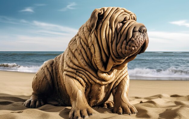 Zdjęcie shar pei siedzi na plaży.