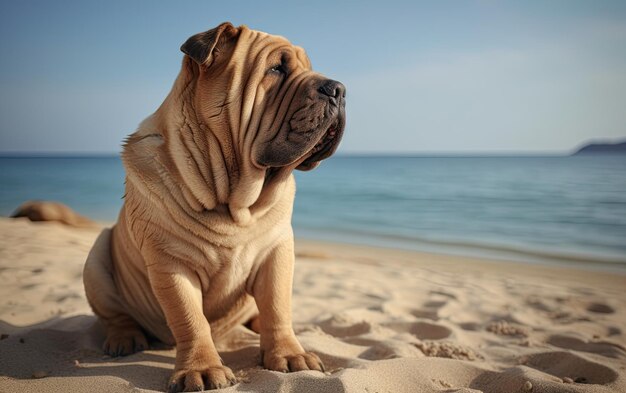 Shar Pei Siedzi Na Plaży.