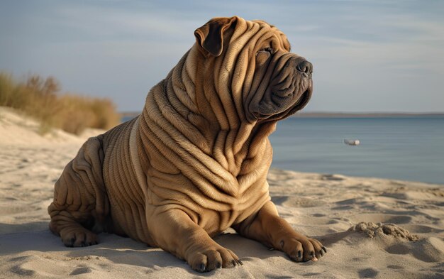 Zdjęcie shar pei siedzi na plaży.