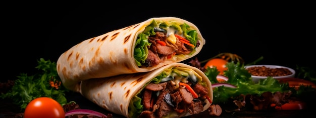 Shawarma kanapka gyro świeży roll lavash przekąska na czarnym tle