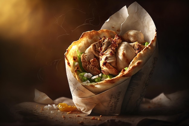 Shawarma z kurczaka na drewnianym stole z miejsca na kopię Generative AI