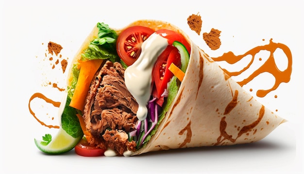 Shawarma z mięsem i warzywami na białym tle izoluje Generative AI