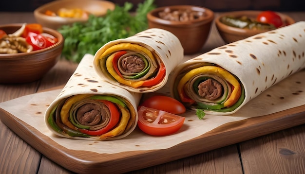 Shawarma zwinięta w lavash z grillowanym mięsem i warzywami na drewnianym tle