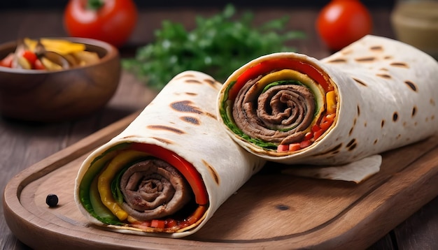 Shawarma zwinięta w lavash z grillowanym mięsem i warzywami na drewnianym tle