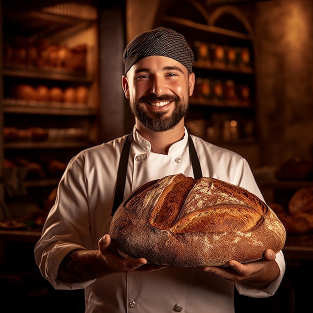 Sheff trzyma duży kawałek chleba w kuchni