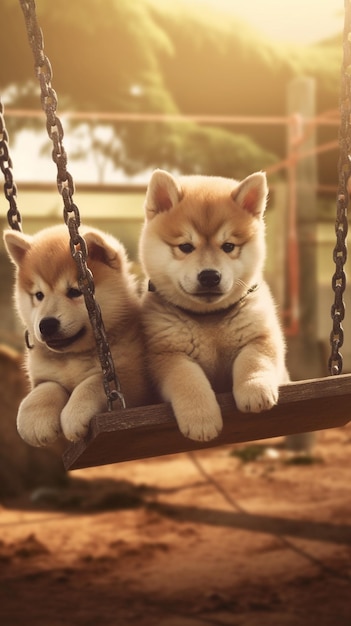 Shiba inu na huśtawce z napisem akita z przodu