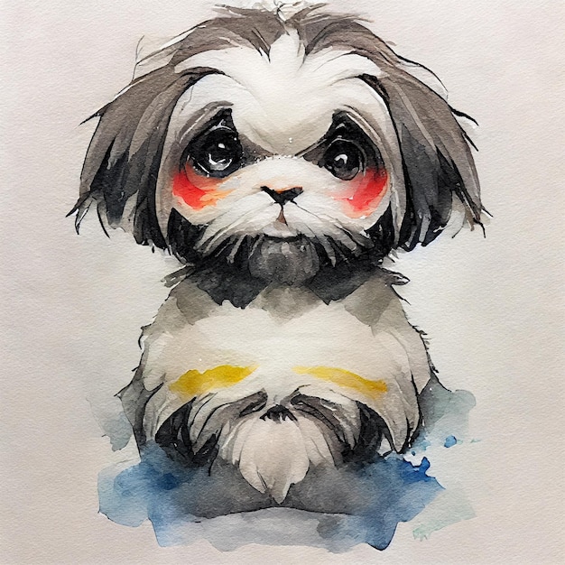 Shih Tzu. Śliczny szczeniak. Akwarela ilustracja z kolorowymi plamami. Wszystkie rasy psów