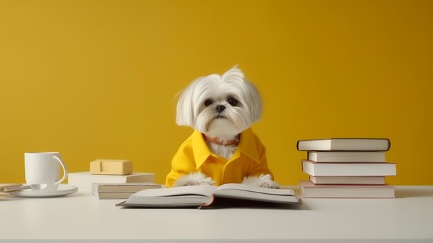 Zdjęcie shih tzu w żółtym swetrze siedzący w gabinecie z kubkami i stosami książek