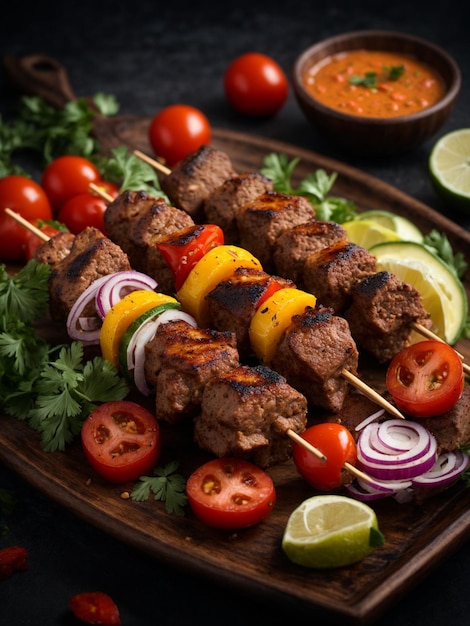 Shish kebab słynne jedzenie w kinematograficznym widoku oświetlenie studia i tło fotografowanie jedzenia