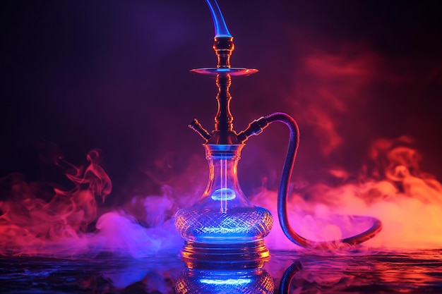 Zdjęcie shisha w dymie narghile z neonowym światłem na ciemnym wielokolorowym tle