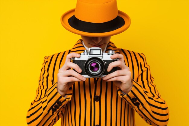 Shoot man lifestyle studio hipster zdjęcie żółta kamera zdjęcie portret artystyczny
