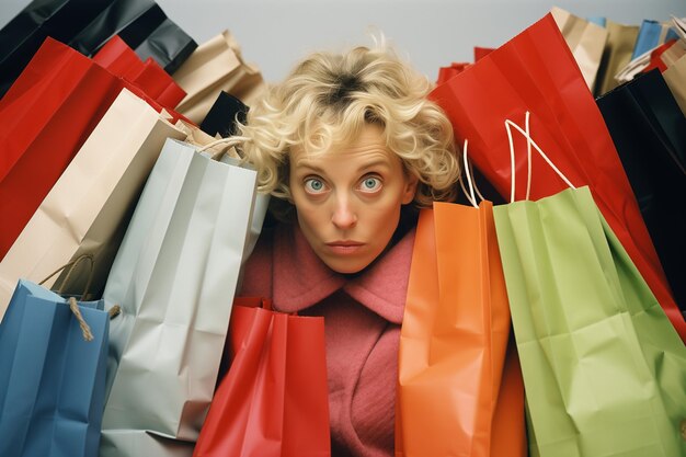 Shopping Spree Woman Amidst a Sea of Shopping Bags Coroczne wydarzenie handlowe Rabaty Sprzedaże Oferty