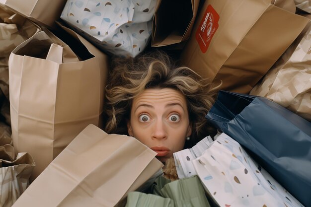 Zdjęcie shopping spree woman amidst a sea of shopping bags coroczne wydarzenie handlowe rabaty sprzedaże oferty