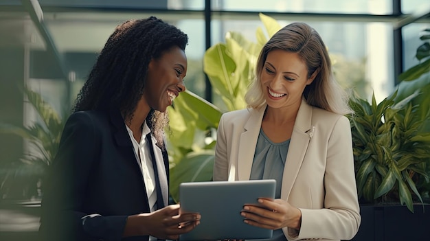 Shot of dwóch businesswoman pracy razem na tablecie cyfrowym Twórcze kierownictwo płci żeńskiej spotkania w biurze przy użyciu komputera typu Tablet i uśmiecha się