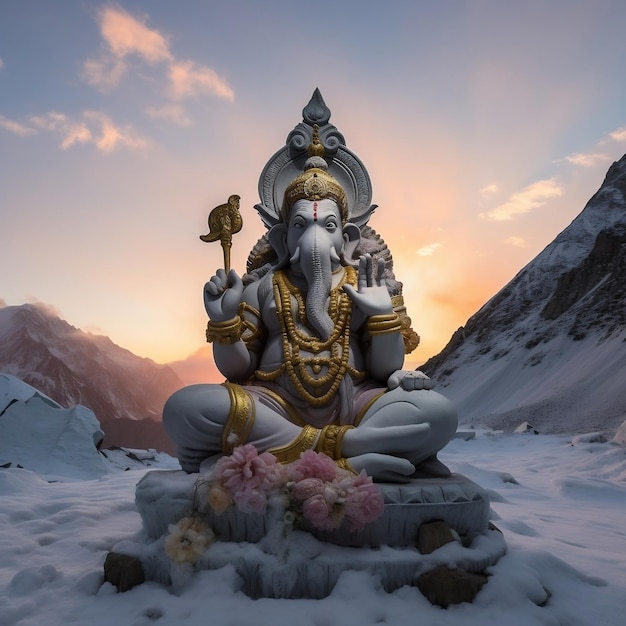 Shri Ganesh w kailash mansarovar z pięknym ustawieniem wczesnego wschodu słońca