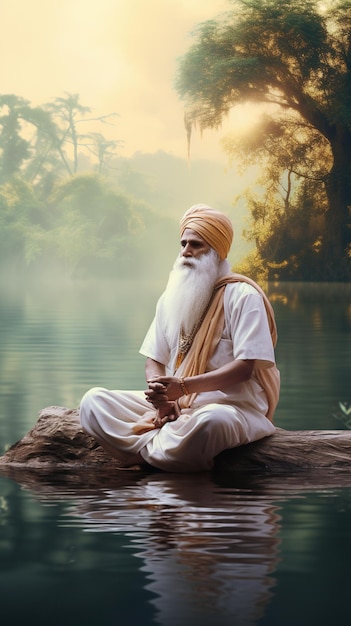 Zdjęcie shri guru nanak dev ji siedzący na brzegu rzeki