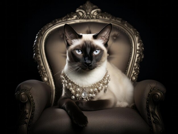 Zdjęcie siamski kot pozował na luksusowym aksamitnym krześle