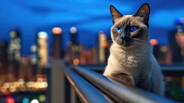 Siamski kot z głębokimi niebieskimi oczami siedzący na balkonie obserwując tętniące życiem panoramę miasta