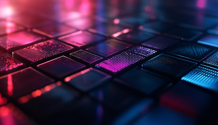 Zdjęcie siatka neonowych świateł z wzorem kwadratów o różnych kolorach