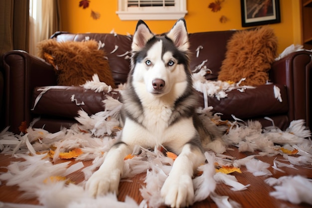 Siberian husky otoczony podartymi piórami poduszek w salonie