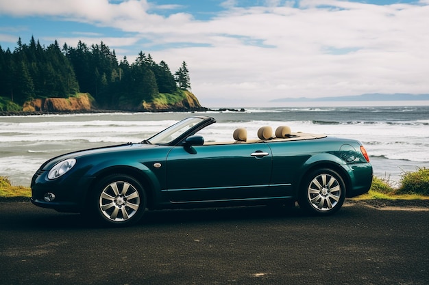 Zdjęcie side profile of a convertible car with the top down against a scenic backdrop