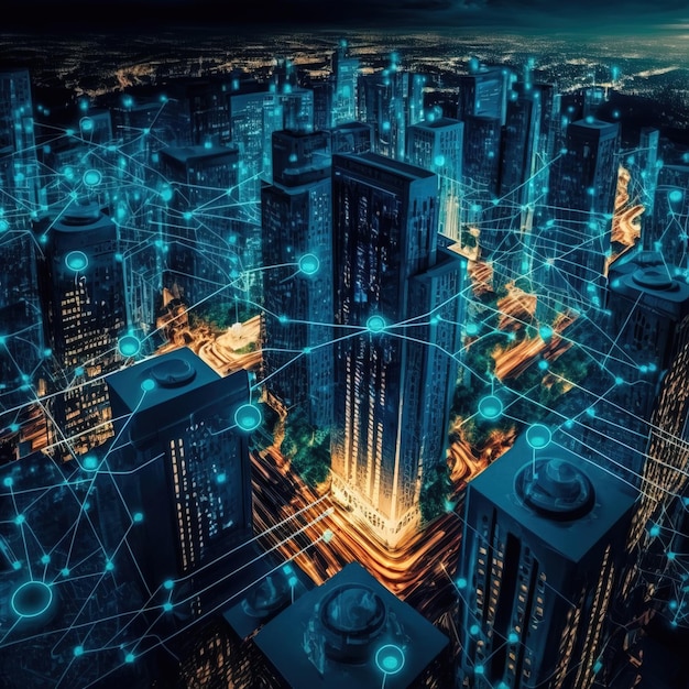 Sieć bezprzewodowa i koncepcja technologii połączeń z abstrakcyjnym tłem miasta