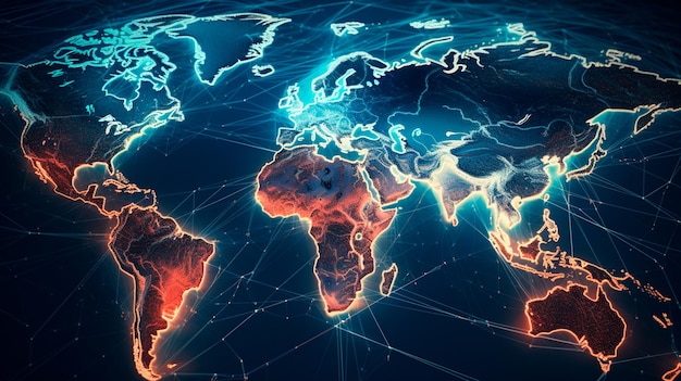 Sieć łańcucha dostaw cyfrowa ilustracja mapy świata z połączonymi trasami transportowymi dla międzynarodowej logistyki Generative AI