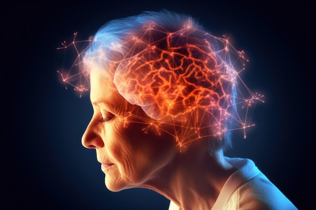 Sieć neuronowa głowy starszej kobiety rzuca wyzwanie demencji, chorobom ludzkiego mózgu i zaburzeniom psychicznym
