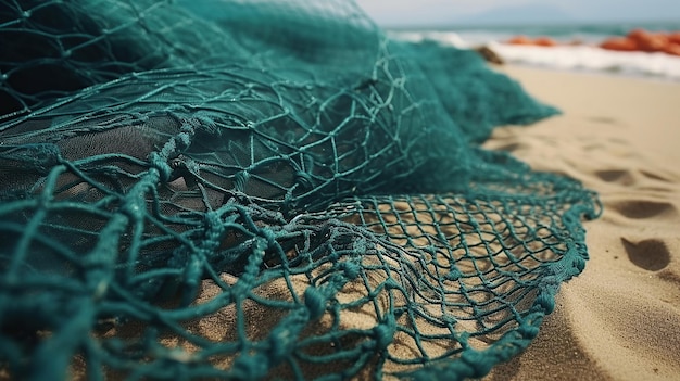 Sieci rybackie tworzą stosy na piasku