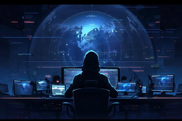 Siedząc przy komputerowym hakerze, koncepcja bezpieczeństwa cybernetycznego i antyspyware wygenerowana przez sztuczną inteligencję