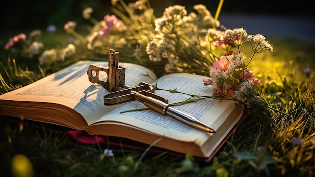 Zdjęcie siedząc w trawie obok rośliny jest otwarta książka z kluczem i nożyczkami na górze
